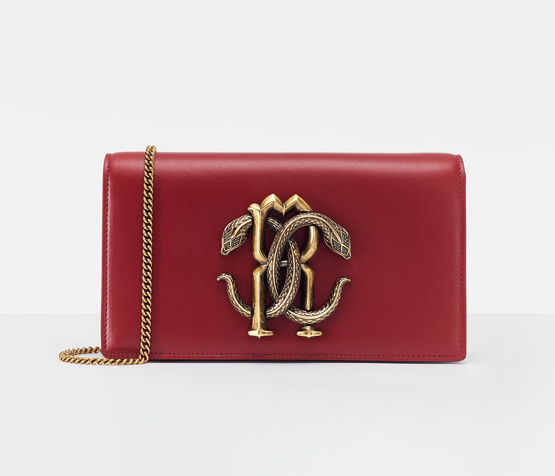 Roberto Cavalli mirrored snake logo chain bag